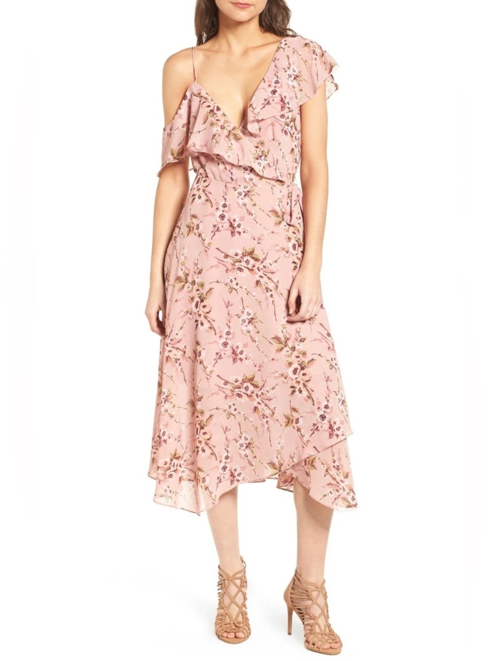 Wayf Pink Floral Ruffle Midi Wrapped Dress Small